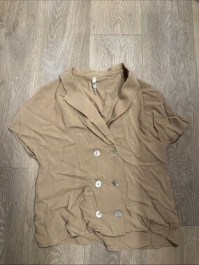 ZARA tan linen button up top S